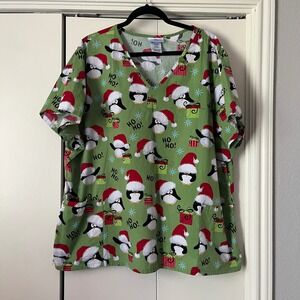 SB Scrubs Christmas Penguin Ho Ho Ho Green V-Neck Scrub Top 3X 3XG Cotton